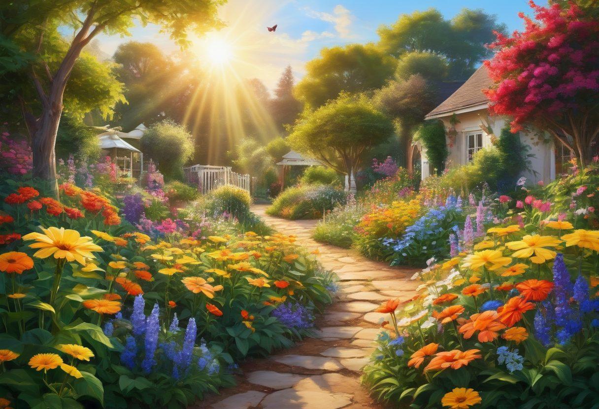 A lush garden filled with blooming flowers, where diverse individuals are engaging in joyful activities together, laughing and connecting. The sun shines brightly, casting warm golden rays over the scene, symbolizing positivity and resilience. Include elements of nature such as butterflies and birds to enhance the feeling of cheerfulness. Artistic style should invoke a sense of community and warmth. vibrant colors. painting.