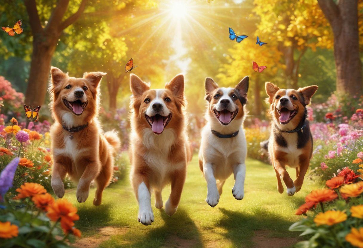 A whimsical scene featuring a diverse group of people joyfully laughing together in a sunlit park, surrounded by colorful flowers and butterflies. A playful dog joins in, jumping around them. The atmosphere is filled with vibrant colors and soft, warm lighting, capturing the essence of happiness and laughter. super-realistic. vibrant colors. cheerful ambiance.