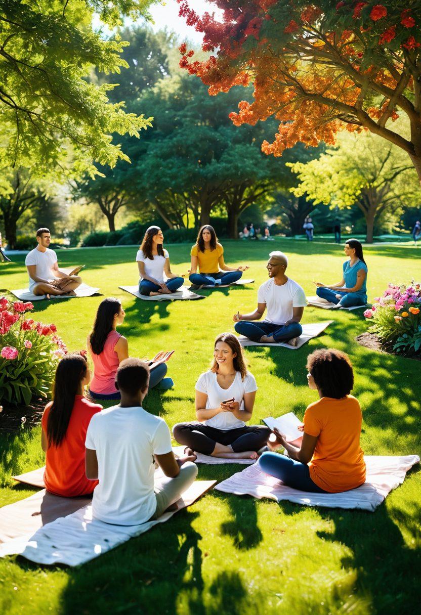 A harmonious scene showcasing a diverse group of people in a serene park, each engaged in different activities that symbolize emotional wellness—such as meditation, journaling, and laughter with friends. They are surrounded by colorful flowers and trees, representing growth and positivity, with a bright sun shining overhead to evoke feelings of joy and warmth. The atmosphere is inviting and uplifting, encouraging viewers to reflect on their own happiness toolkit. vibrant colors. super-realistic. sunny day.